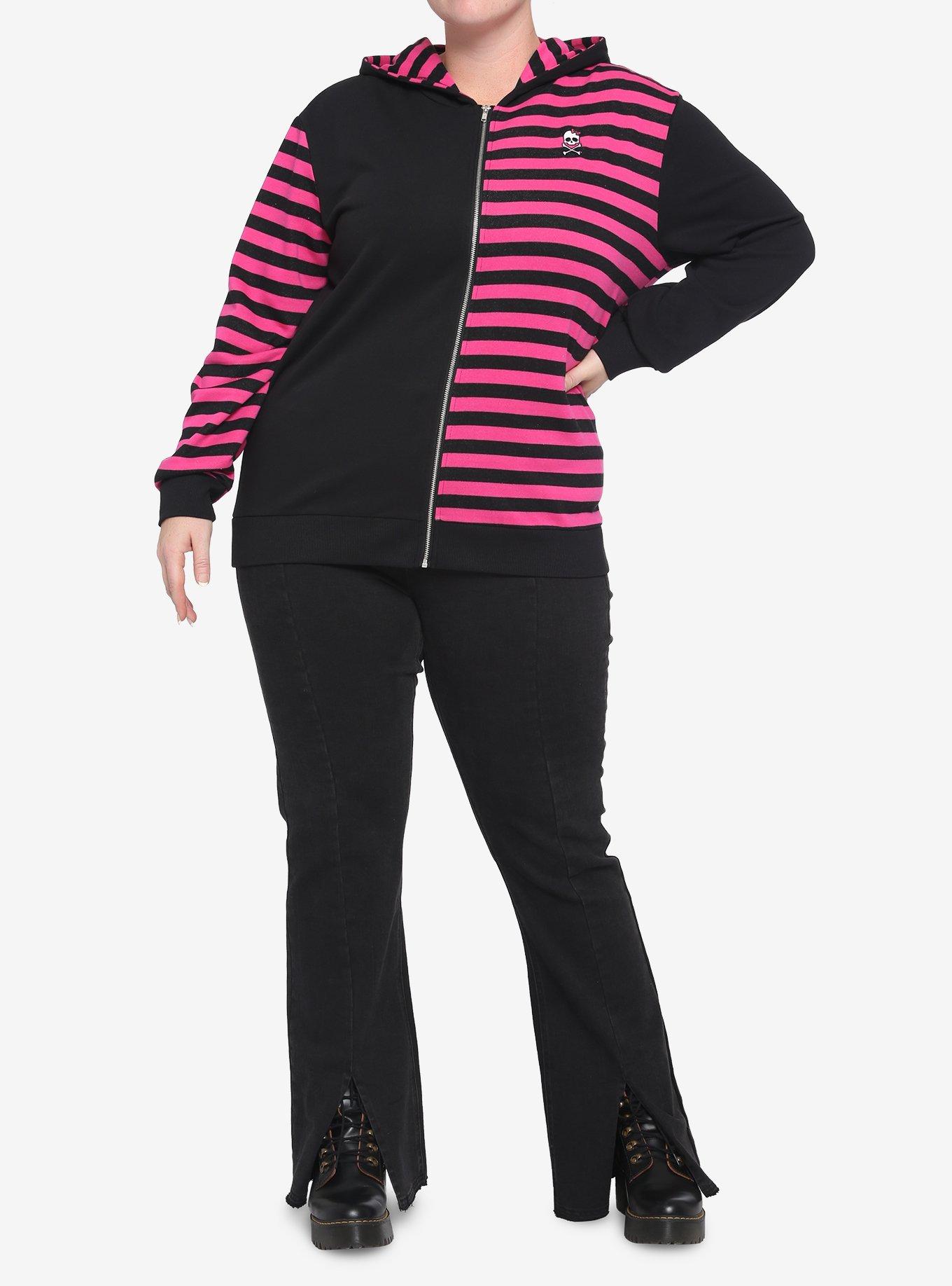 Pink & Black Stripe Split Girls Hoodie Plus Size, STRIPES, alternate