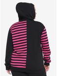 Pink & Black Stripe Split Girls Hoodie Plus Size, STRIPES, alternate