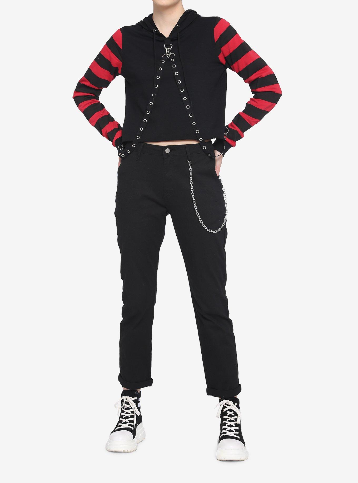 Red & Black Stripe Harness Girls Crop Hoodie, STRIPE - RED, alternate