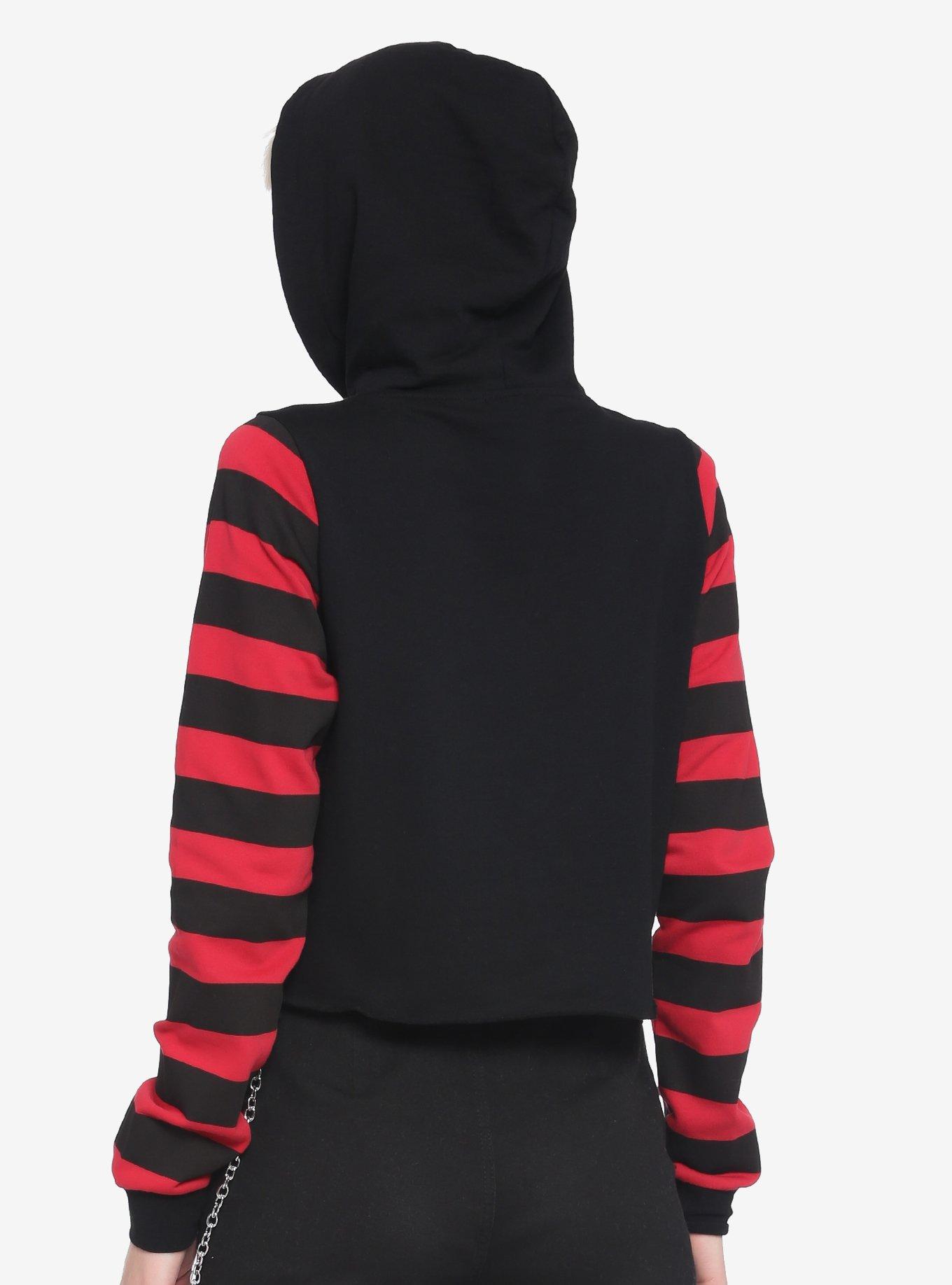 Red & Black Stripe Harness Girls Crop Hoodie, STRIPE - RED, alternate