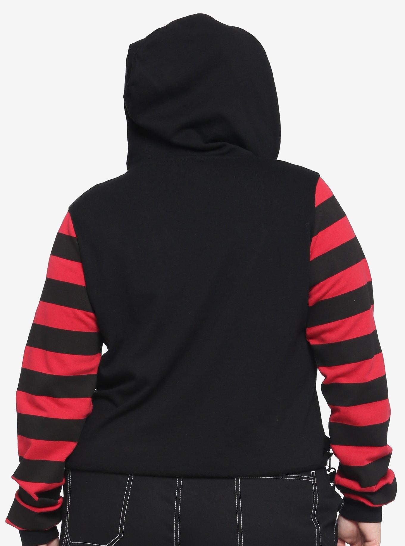 Red & Black Stripe Harness Girls Crop Hoodie Plus Size, STRIPE - RED, alternate
