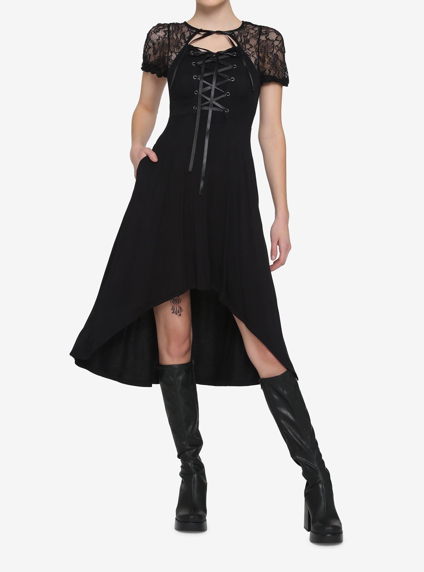 Black Lace-Up Hi-Low Dress, BLACK, alternate