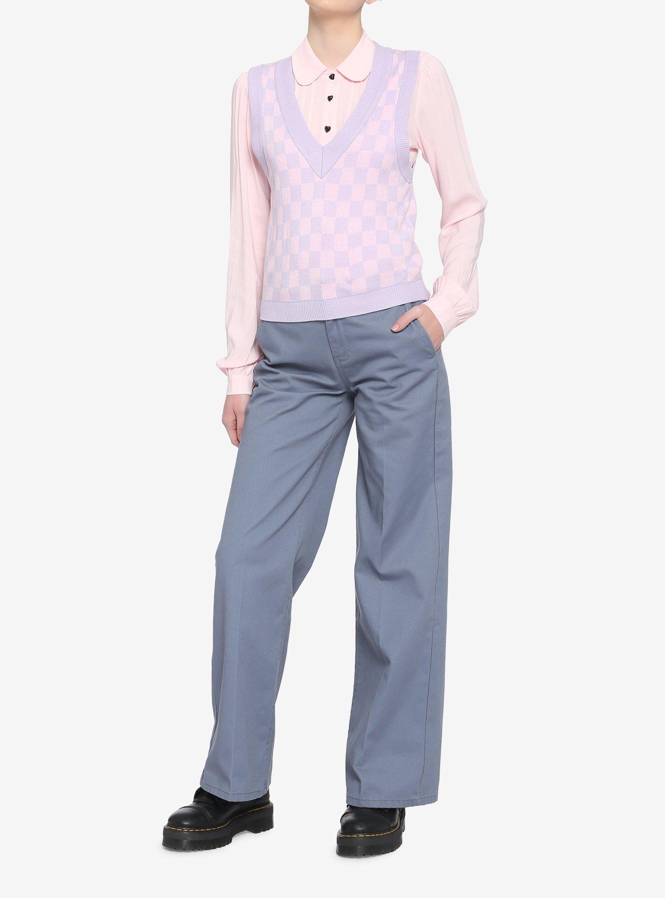 Pink & Lavender Checkered Girls Crop Sweater Vest, MULTI, alternate