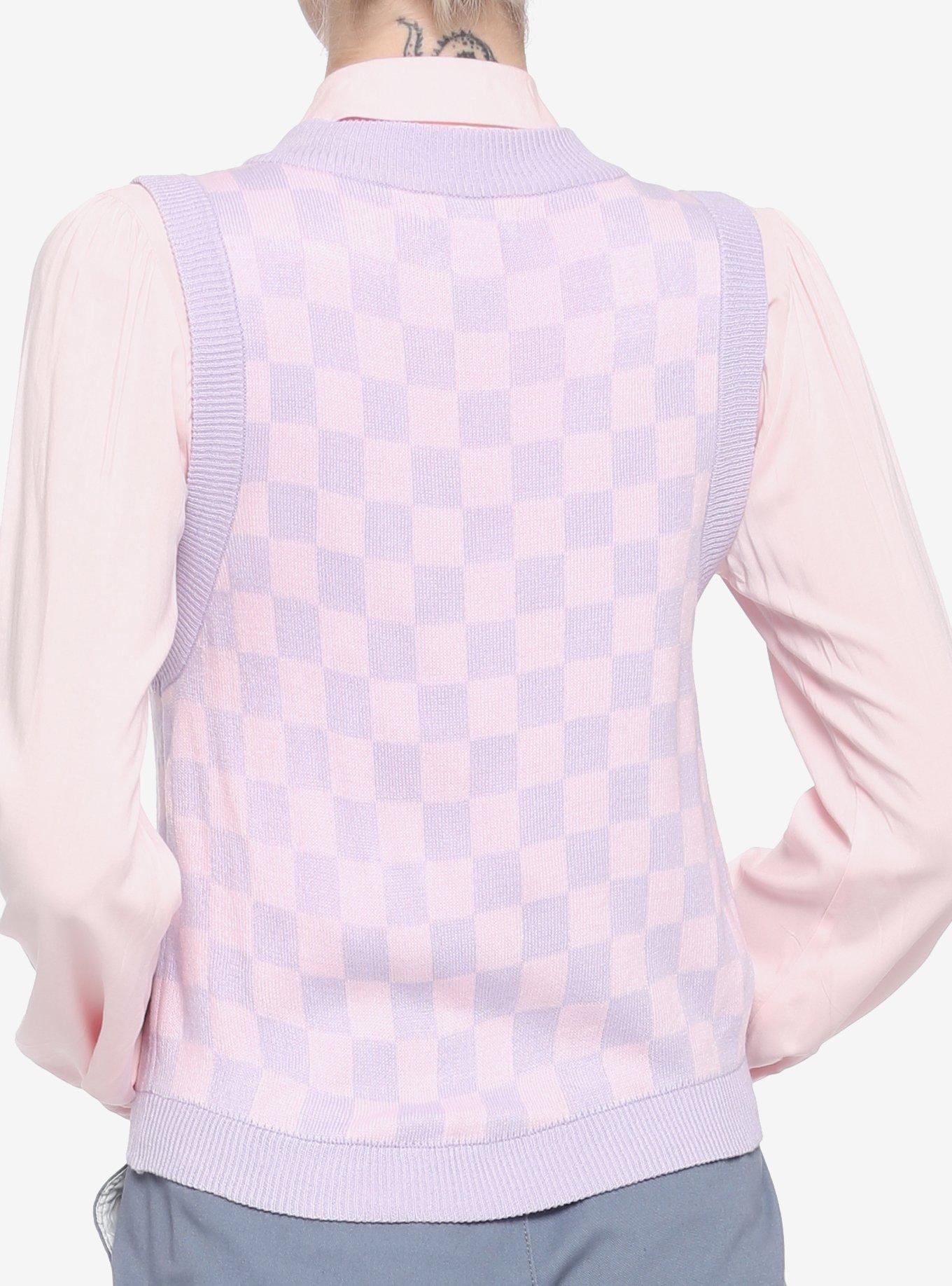 Pink & Lavender Checkered Girls Crop Sweater Vest, MULTI, alternate