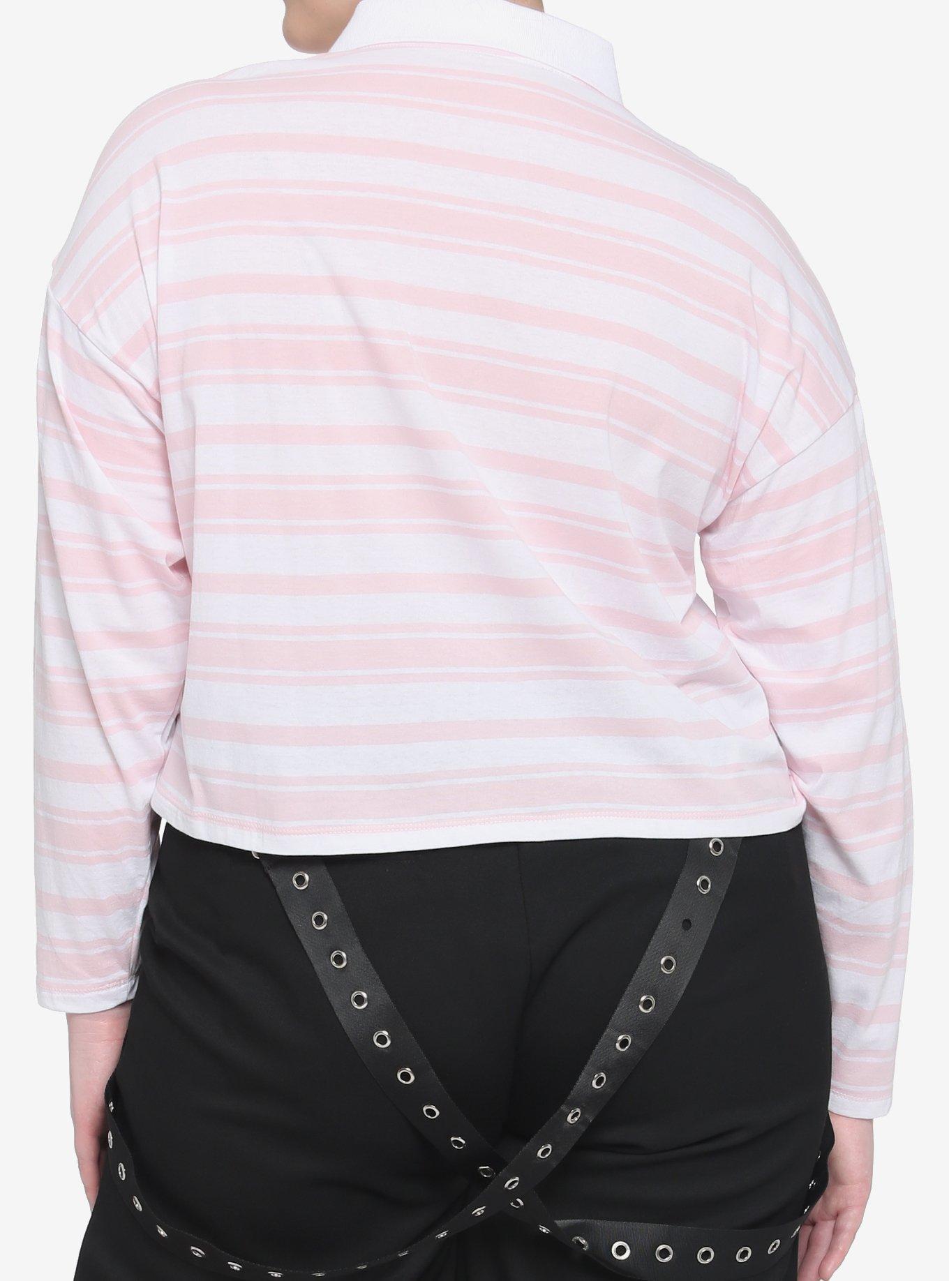 Strawberry Stripe Girls Crop Polo Long-Sleeve Shirt Plus Size, STRIPE - WHITE, alternate