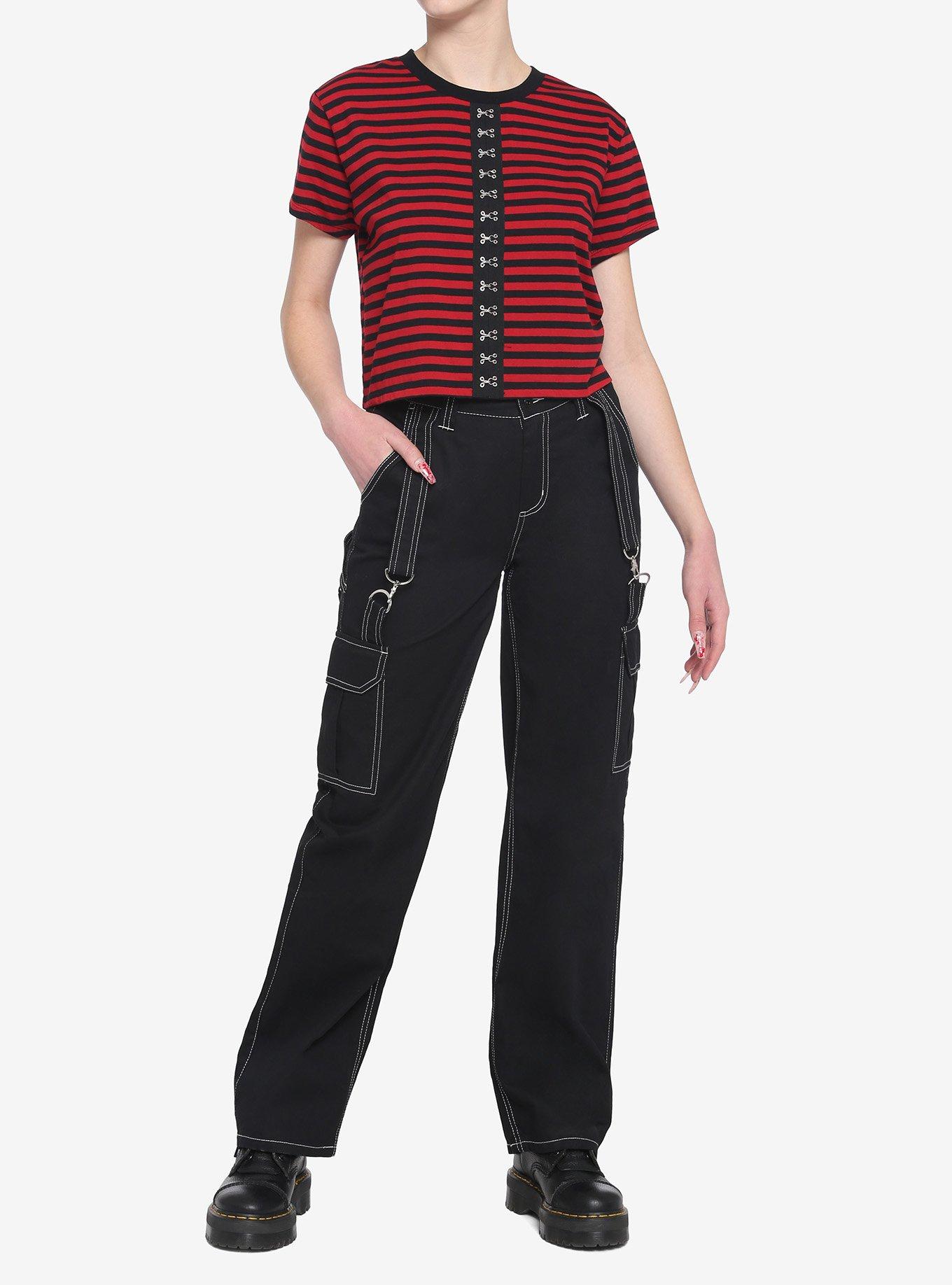 Red & Black Strip Hook 'N' Eye Girls Boxy Crop T-Shirt, STRIPE - RED, alternate