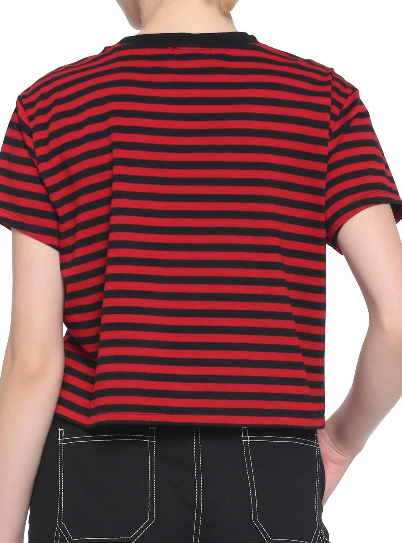Red & Black Strip Hook 'N' Eye Girls Boxy Crop T-Shirt, STRIPE - RED, alternate