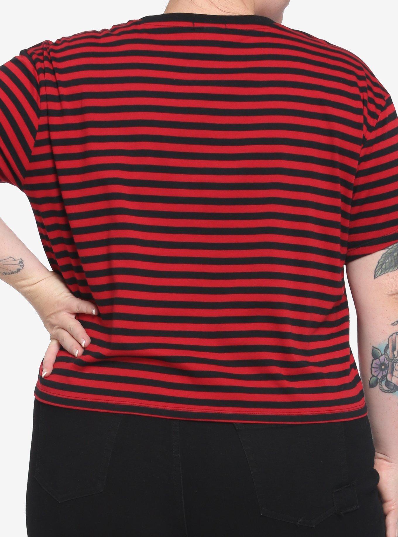 Red & Black Strip Hook 'N' Eye Girls Boxy Crop T-Shirt Plus Size, STRIPE - RED, alternate
