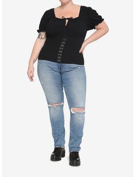 Black Hook-And-Eye Girls Crop Woven Top Plus Size, , hi-res