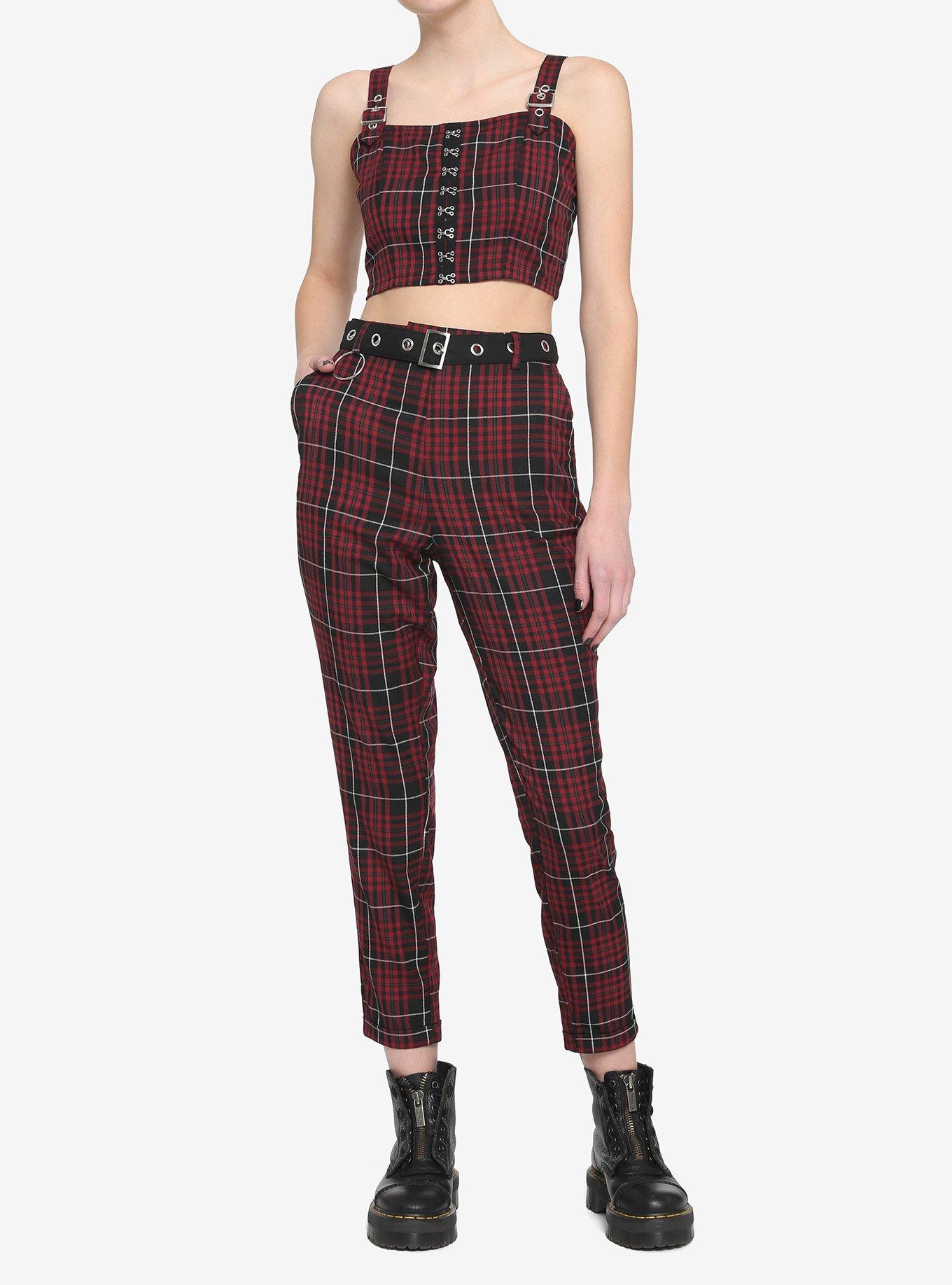 Maroon & Black Plaid Buckle Strap Girls Crop Top, MAROON, alternate