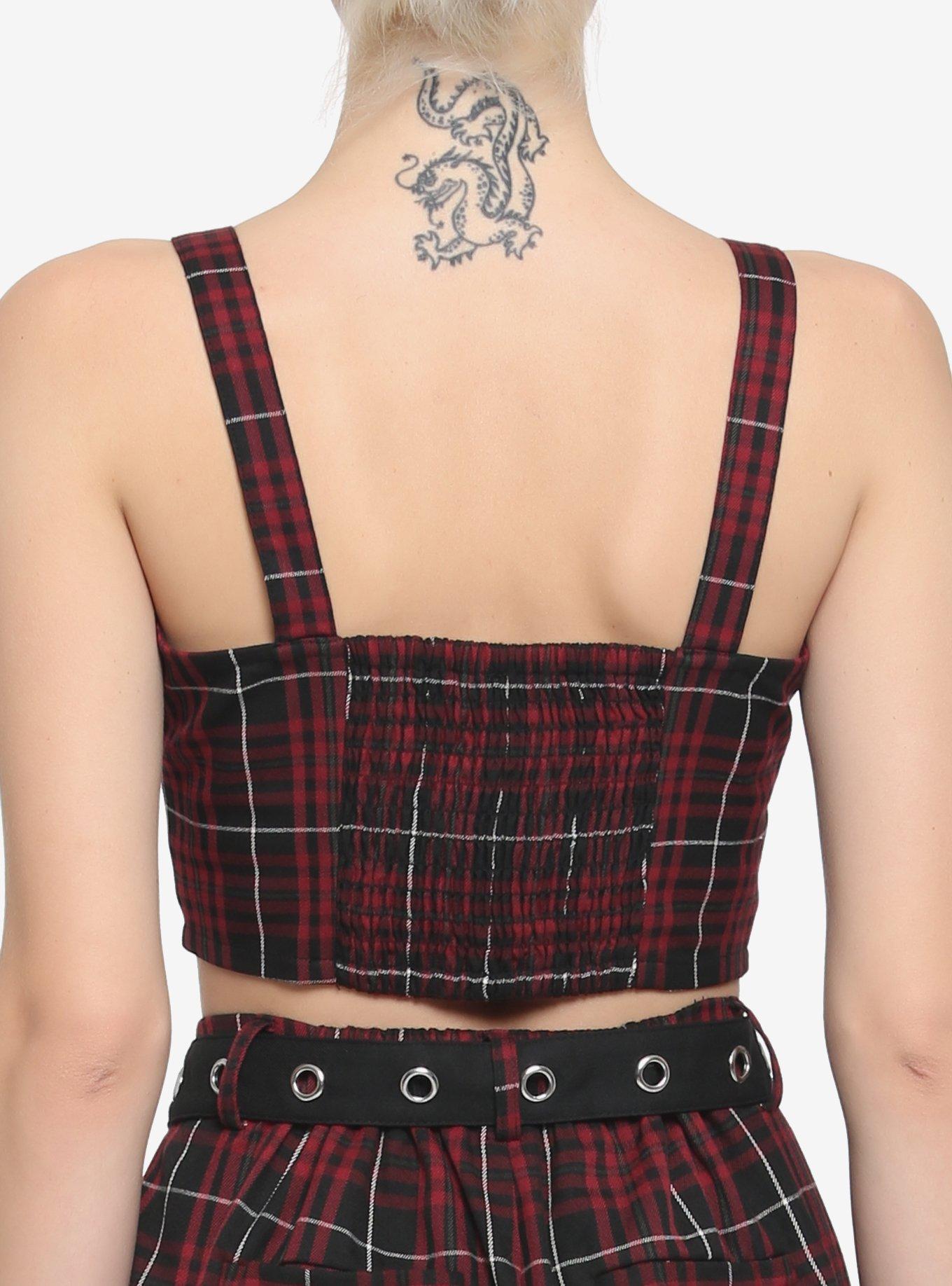 Maroon & Black Plaid Buckle Strap Girls Crop Top, MAROON, alternate