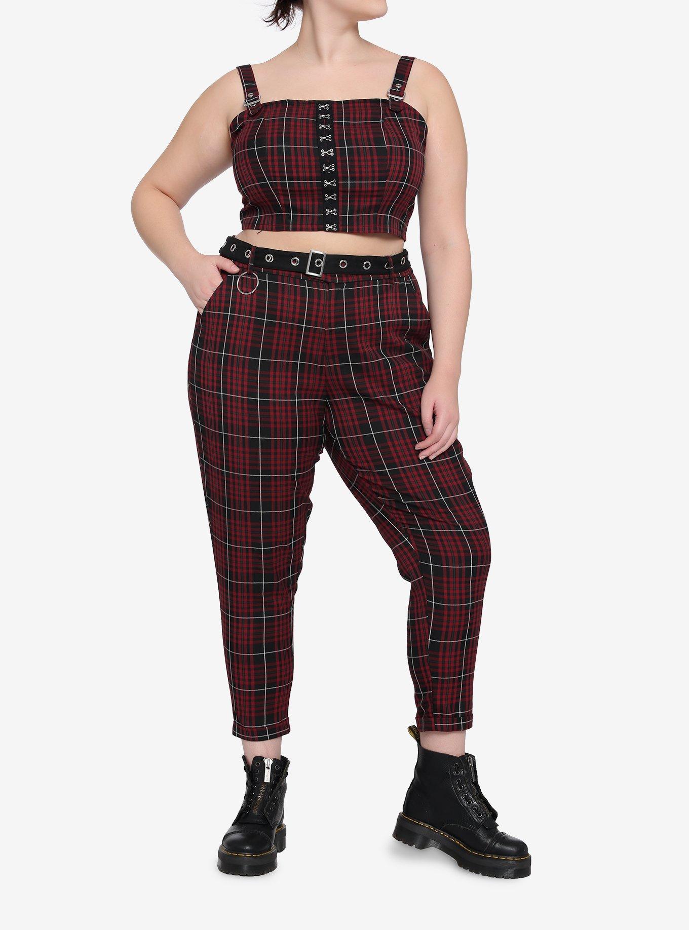 Maroon & Black Plaid Buckle Strap Girls Crop Top Plus Size, MAROON, alternate