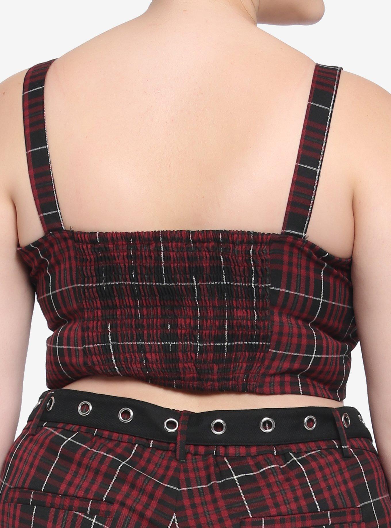 Maroon & Black Plaid Buckle Strap Girls Crop Top Plus Size, MAROON, alternate