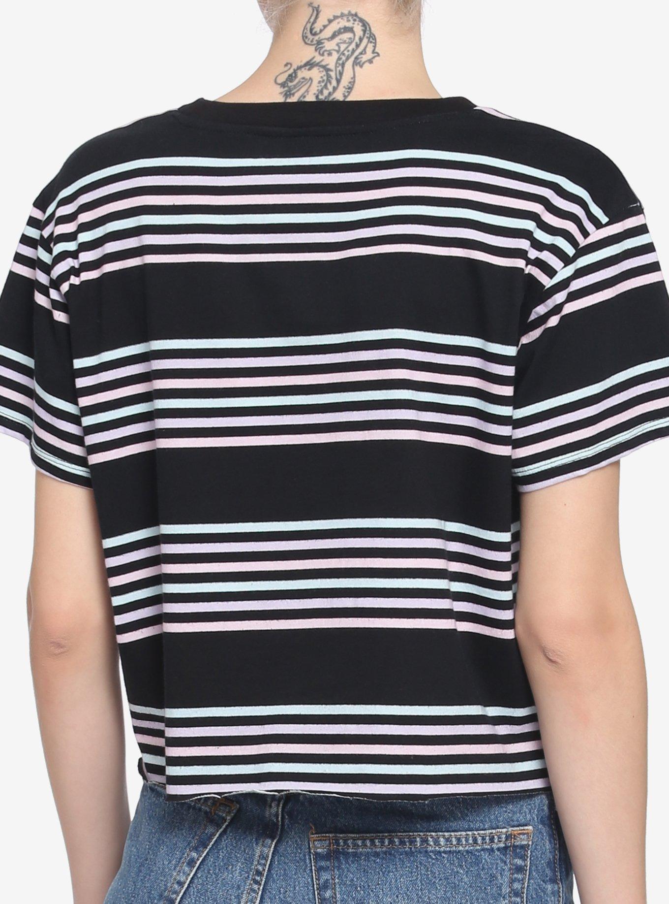 Pastel Stripe Embroidered Heart Girls Boxy Crop T-Shirt, STRIPE - MULTI, alternate