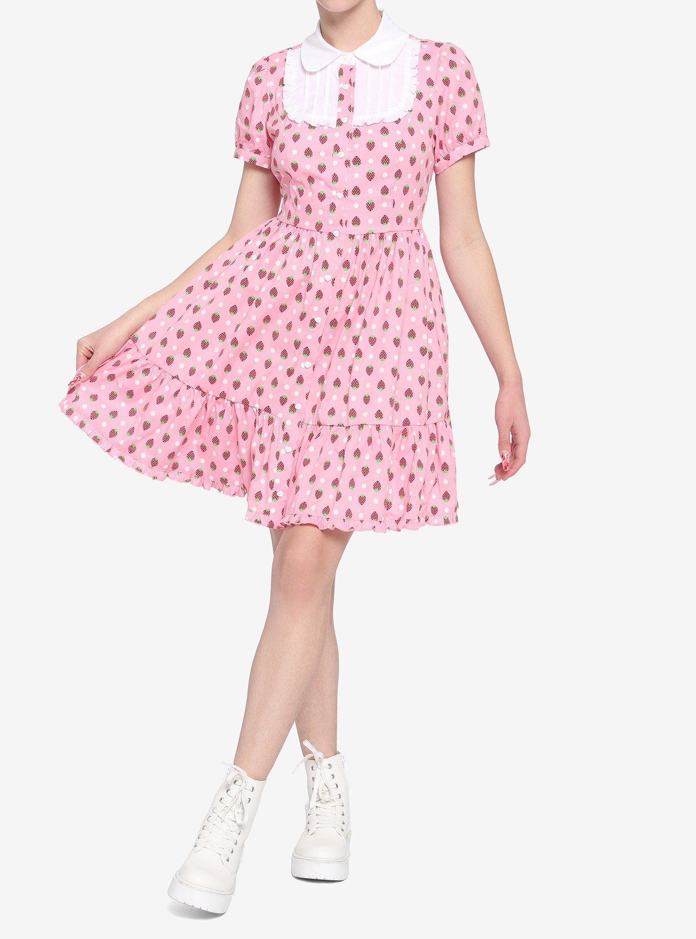 Strawberries Collar Dress, PINK, alternate