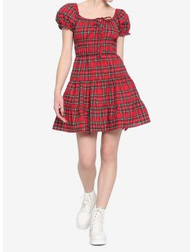 Red Plaid Tie-Front Babydoll Dress, , hi-res