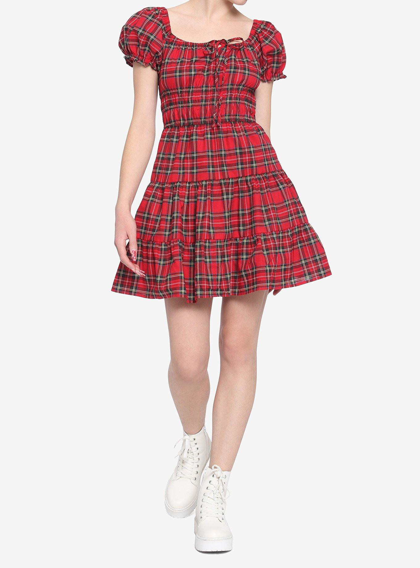 Red Plaid Tie-Front Babydoll Dress, PLAID - RED, alternate