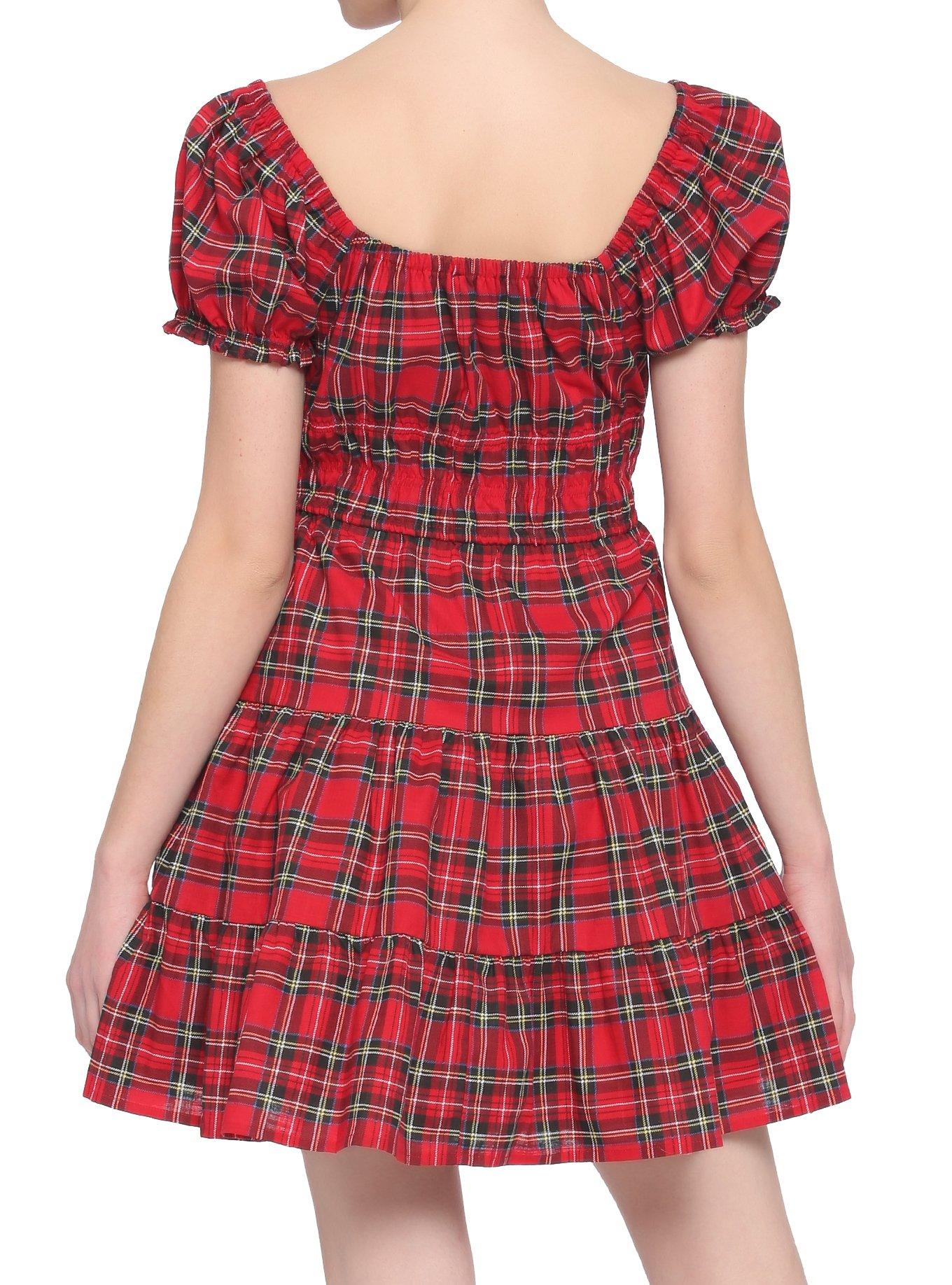 Red Plaid Tie-Front Babydoll Dress, PLAID - RED, alternate