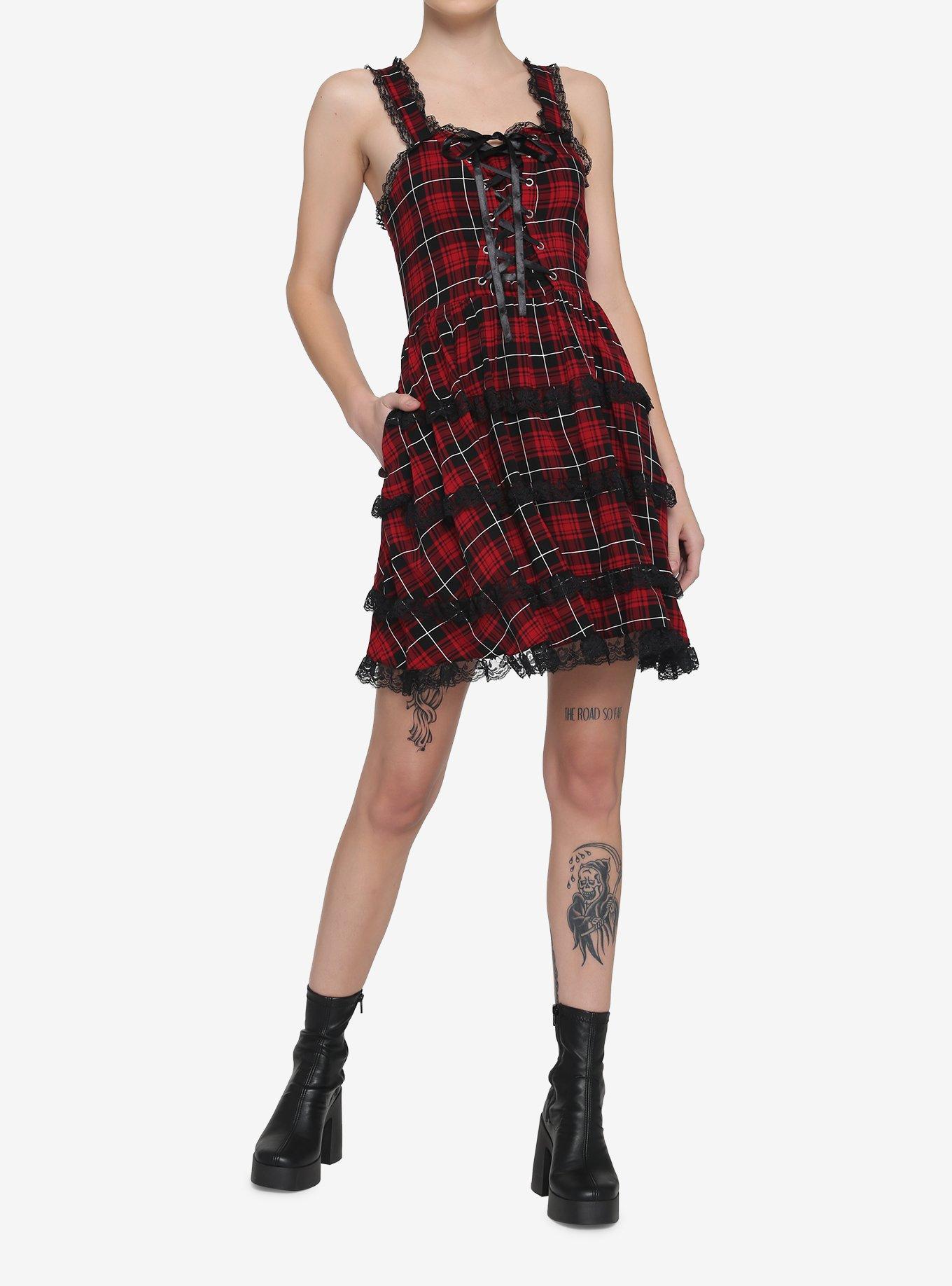 Red & Black Lace-Up Plaid Dress, PLAID - RED, alternate