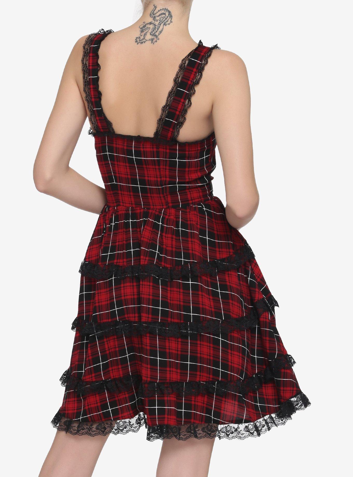 Red & Black Lace-Up Plaid Dress, PLAID - RED, alternate