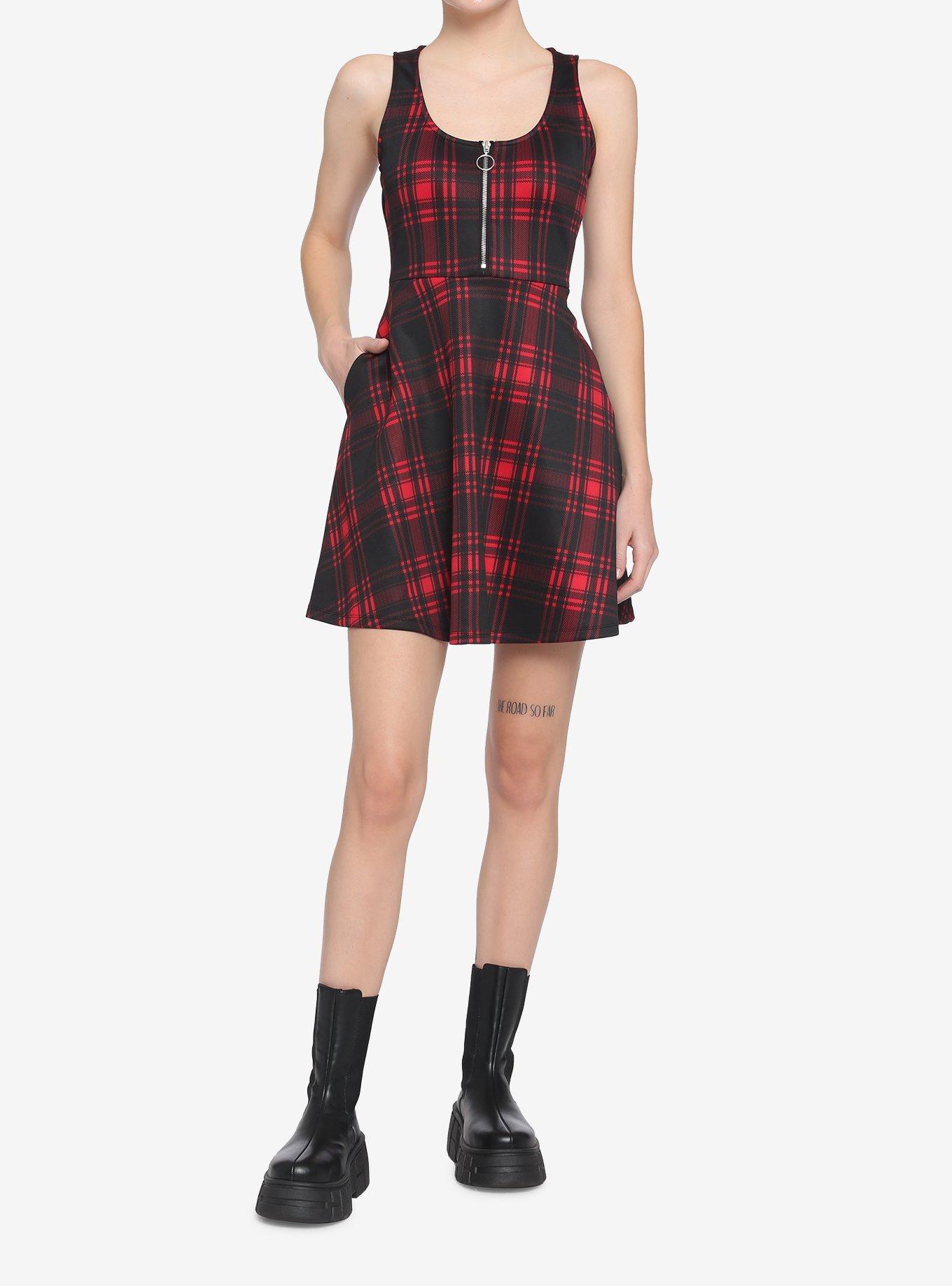 Red & Black Plaid O-Ring Dress, PLAID - RED, alternate