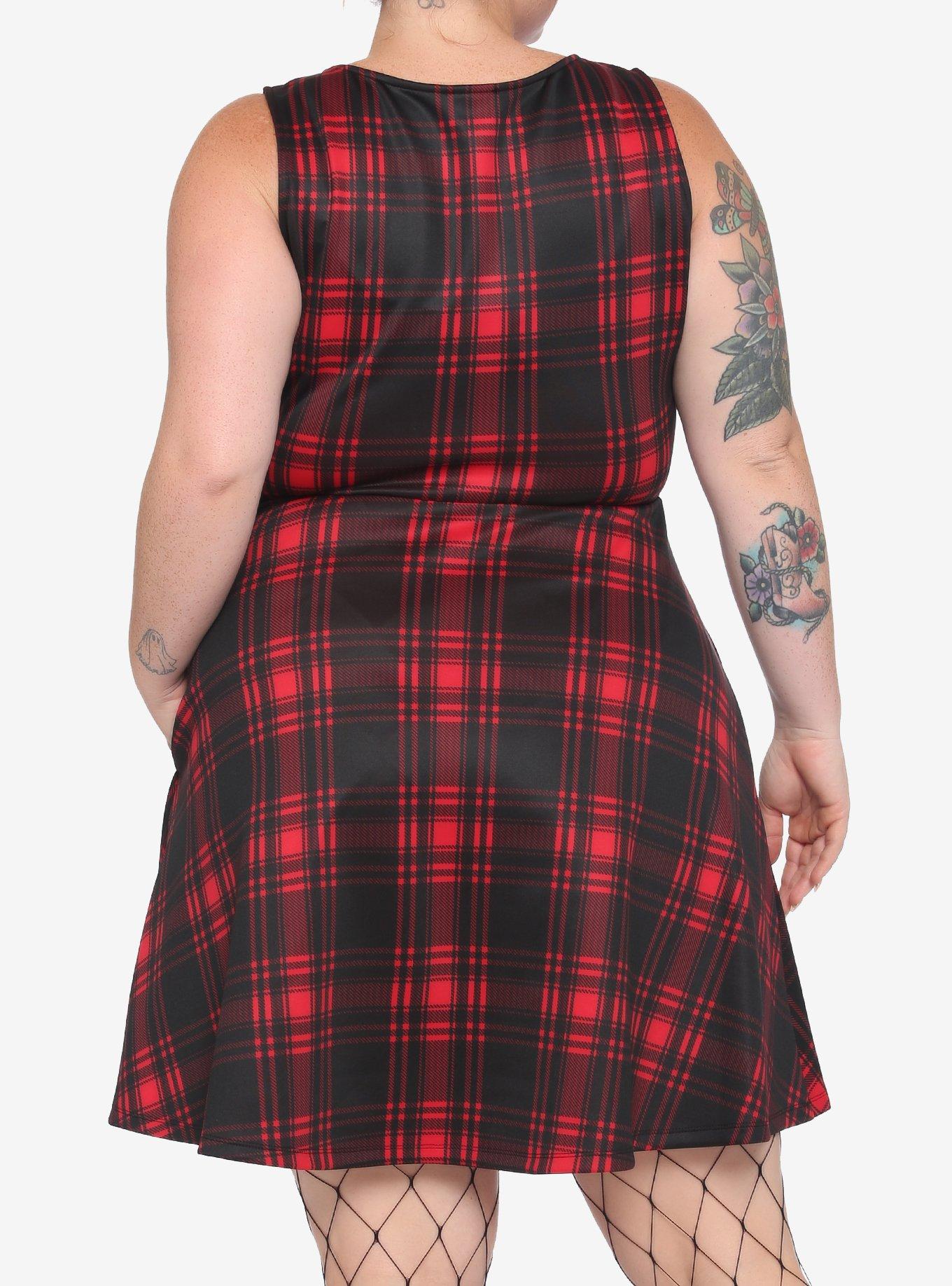 Red & Black Plaid O-Ring Dress Plus Size, PLAID - RED, alternate