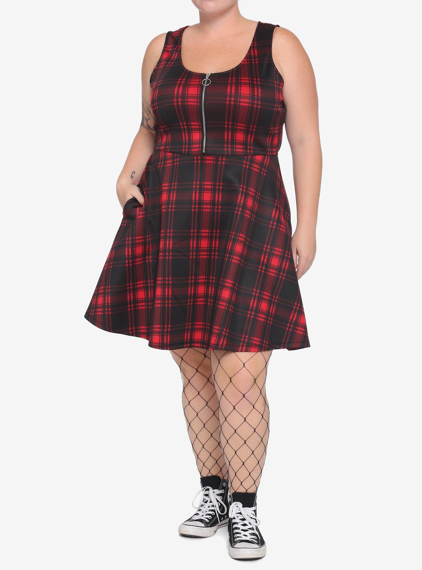 Red & Black Plaid O-Ring Dress Plus Size, PLAID - RED, alternate