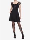 Black Corset Lace-Up Front Lace Sleeves Dress, BLACK, alternate
