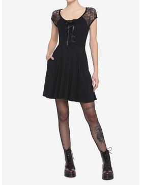 Black Corset Lace-Up Front Lace Sleeves Dress, , hi-res