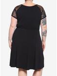 Black Corset Lace-Up Front Lace Sleeve Dress Plus Size, BLACK, alternate