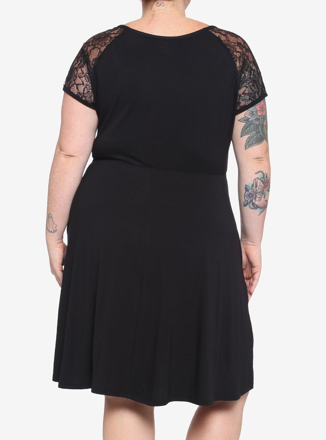 Black Corset Lace-Up Front Lace Sleeve Dress Plus Size, BLACK, alternate