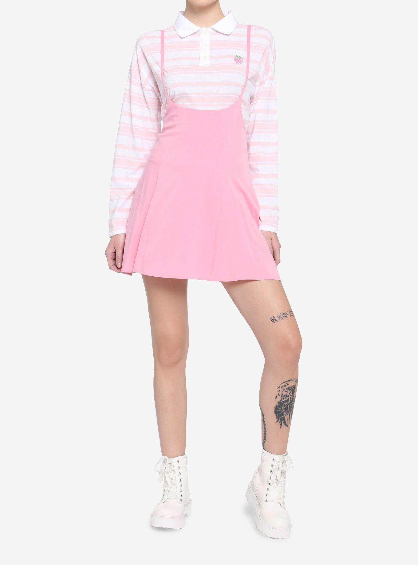 Pink High-Waisted Spaghetti Strap Suspender Skirt, PINK, alternate