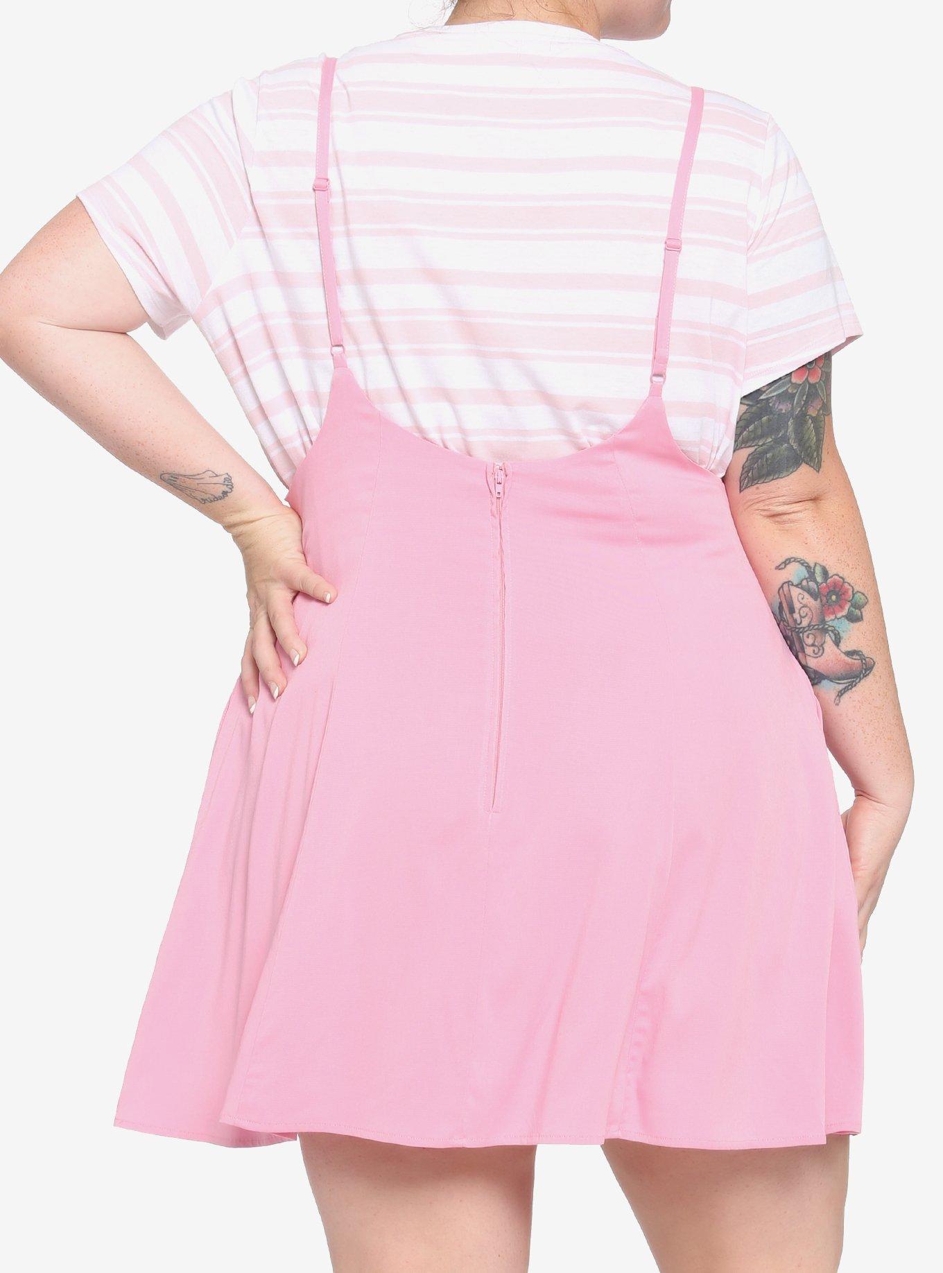 Pink High-Waisted Spaghetti Strap Suspender Skirt Plus Size, PINK, alternate
