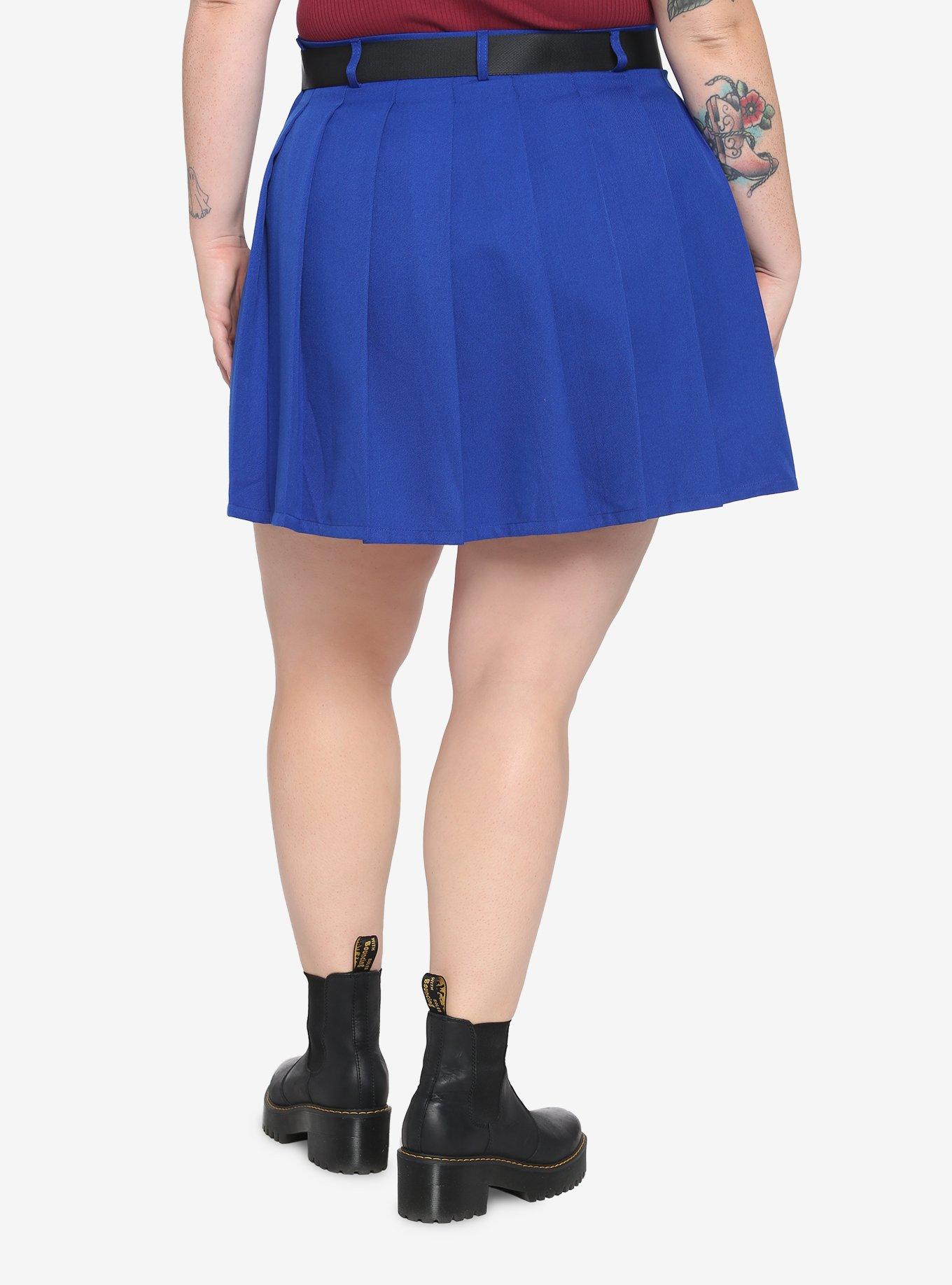 Blue & Black Buckle Belt Skirt Plus Size, BLUE, alternate