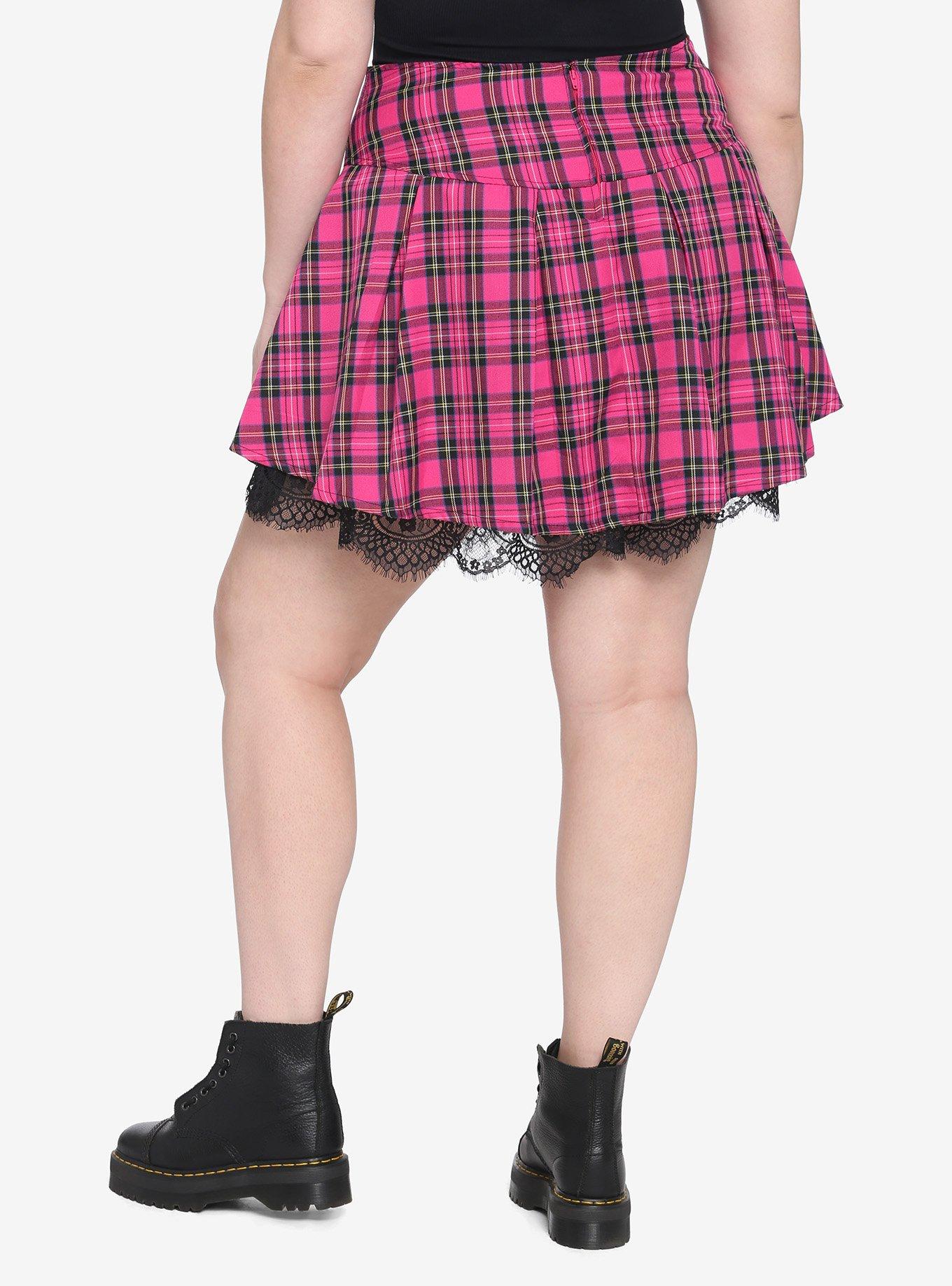 Pink Tartan Lace Trim Pleated Skirt Plus Size, PLAID - PINK, alternate