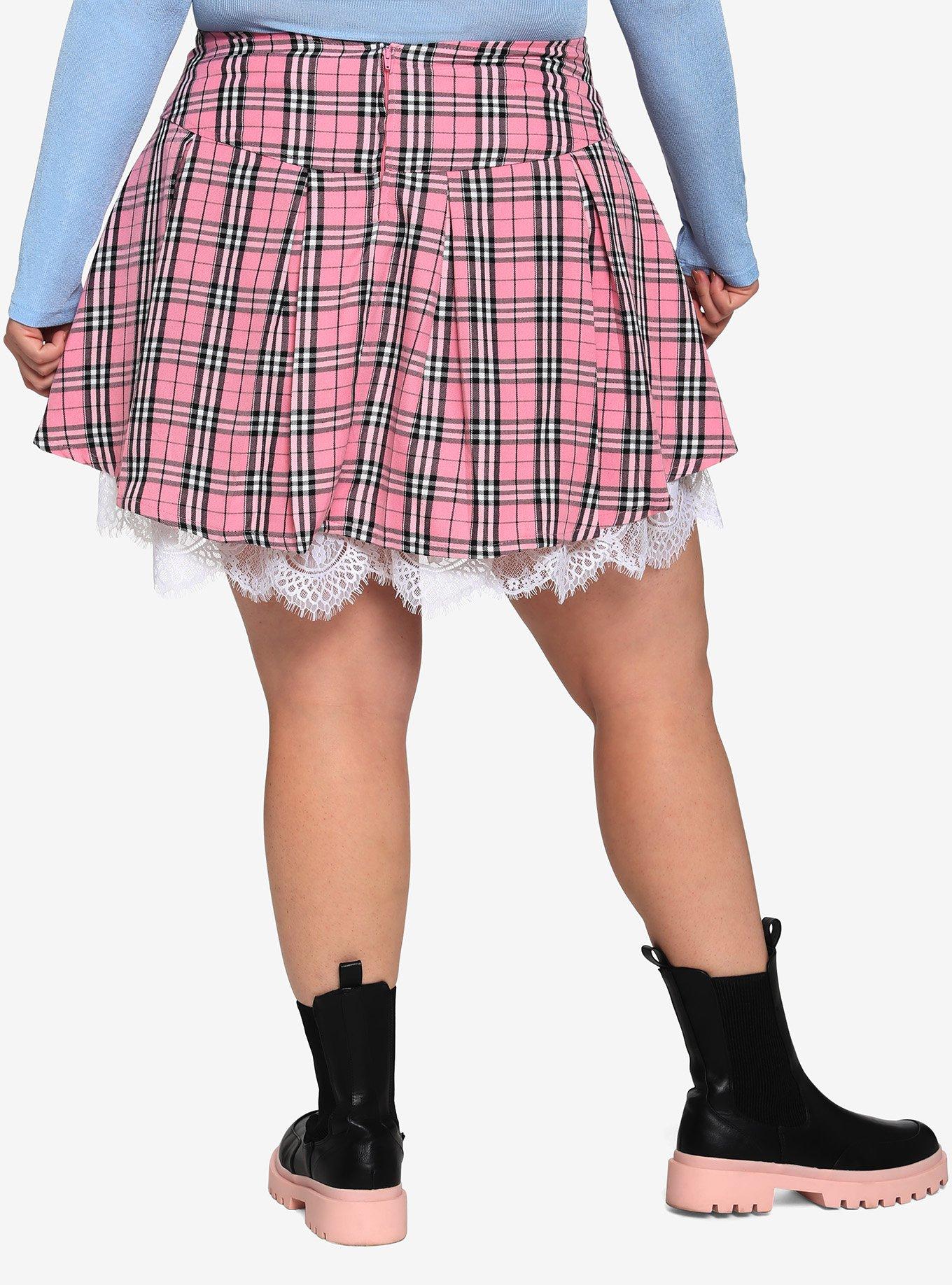 Pink Plaid Strawberry Lace Trim Skirt Plus Size, PLAID - PINK, alternate