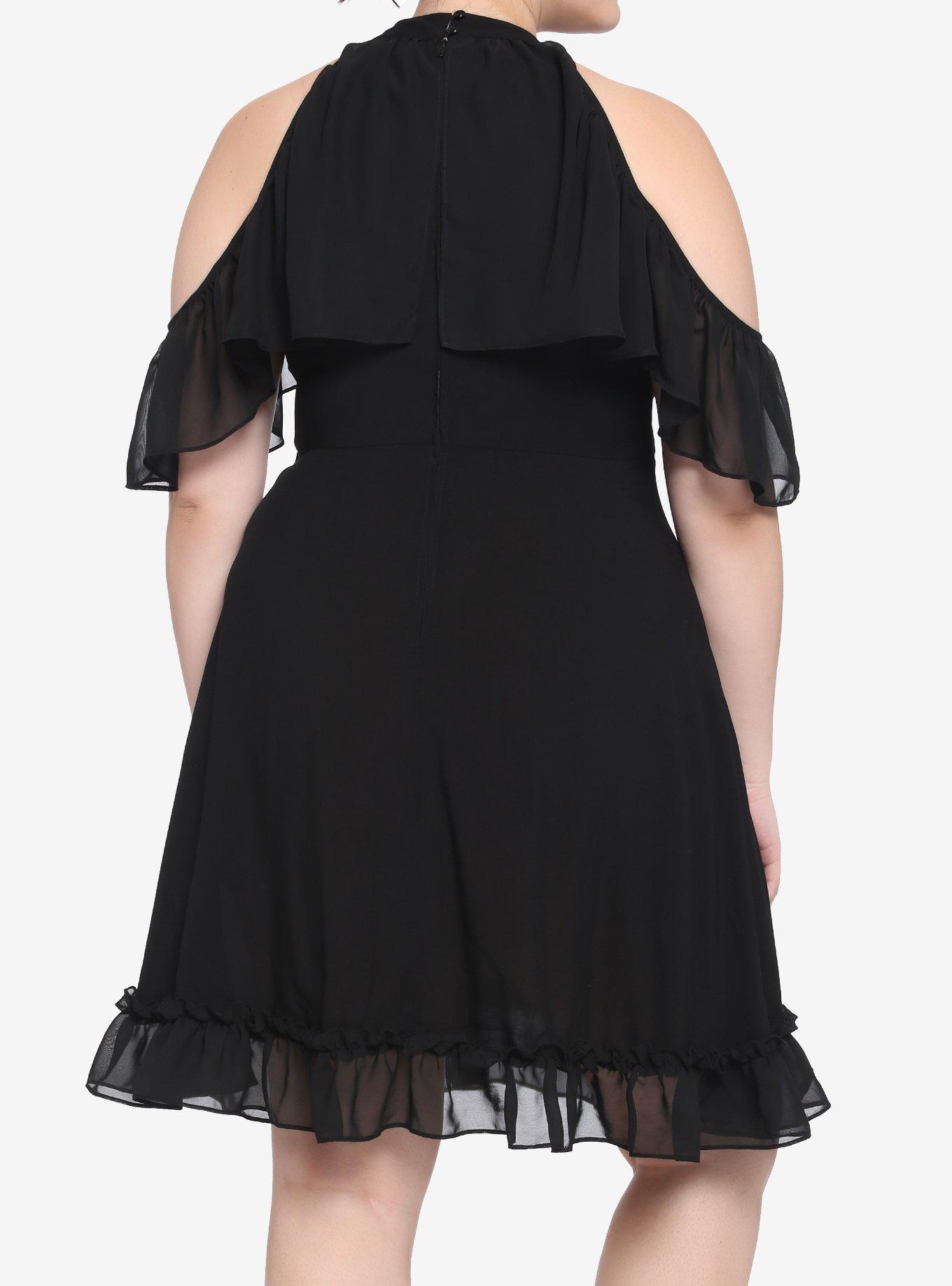 Black Ruffle Cold Shoulder Dress Plus Size, BLACK, alternate