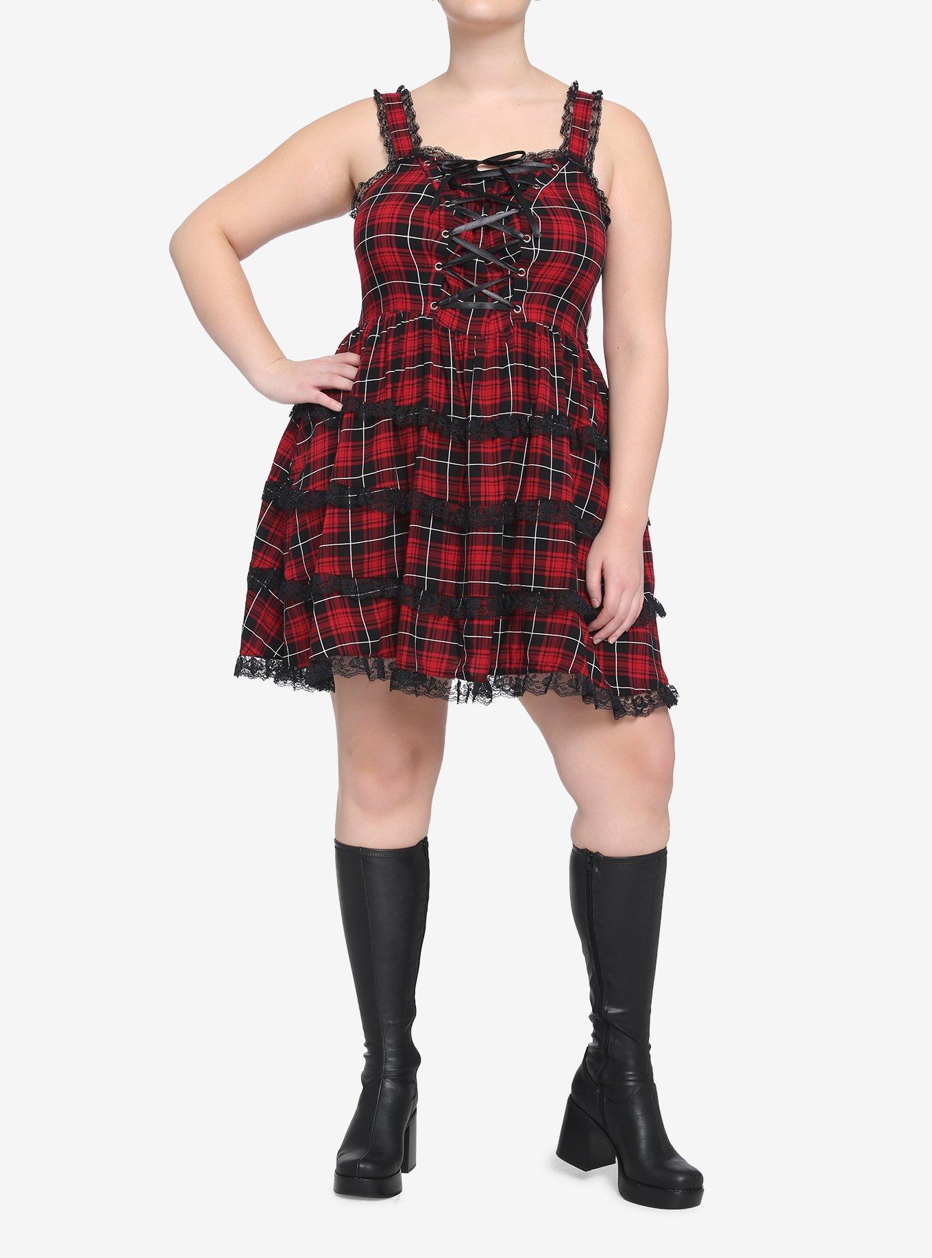 Red & Black Lace-Up Plaid Dress Plus Size, PLAID - RED, alternate