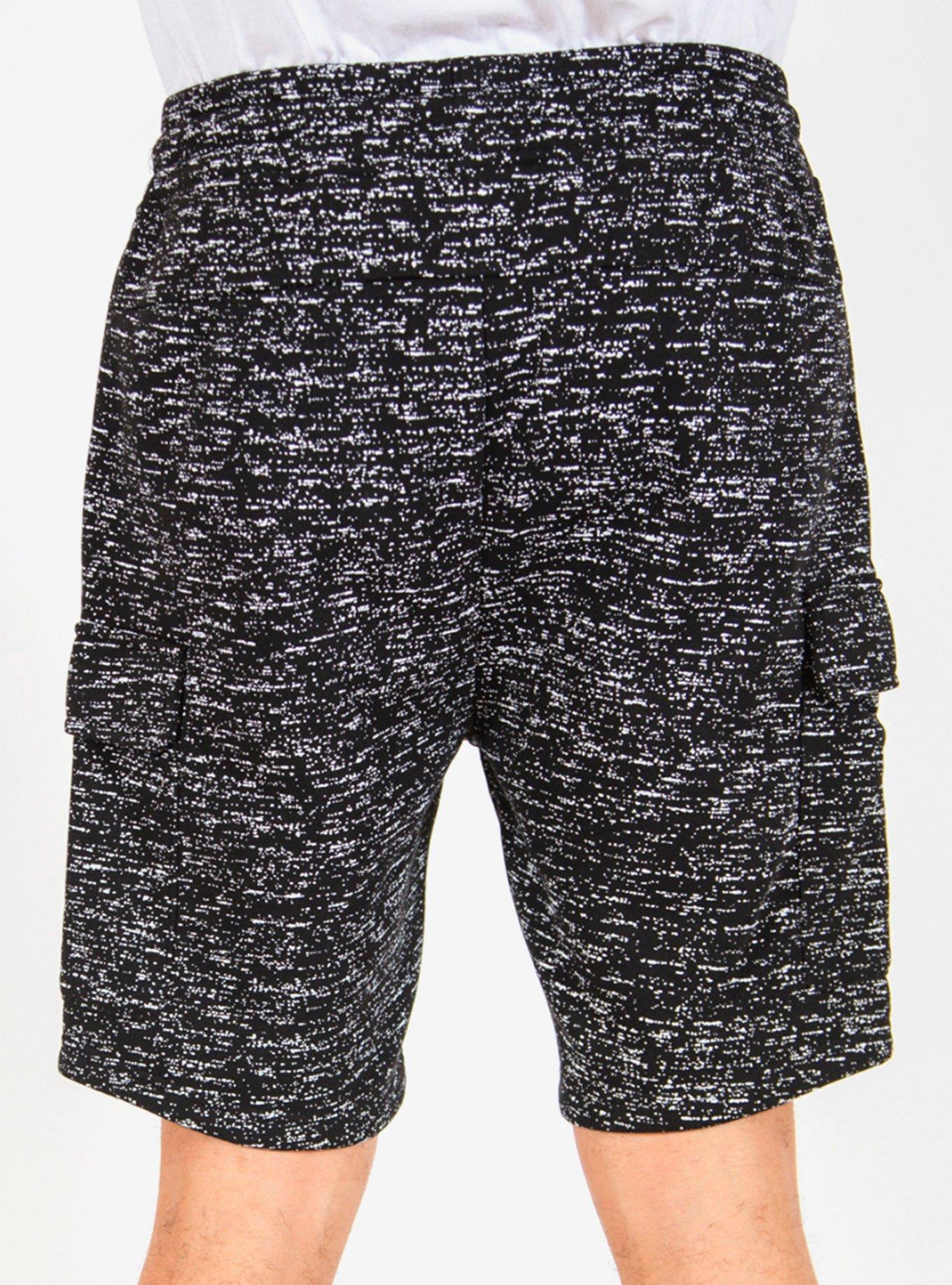 Black Printed Space Dye Fleece Cargo Shorts, BLACK, alternate