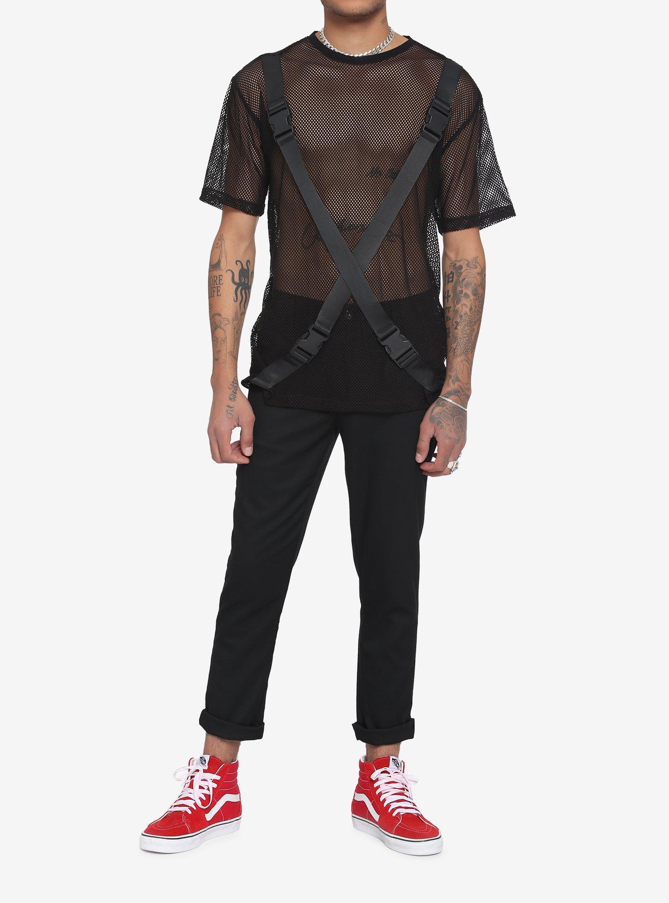 Black Buckle Straps Mesh T-Shirt, BLACK, alternate