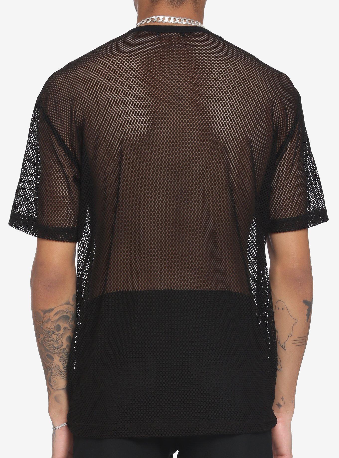 Black Buckle Straps Mesh T-Shirt, BLACK, alternate