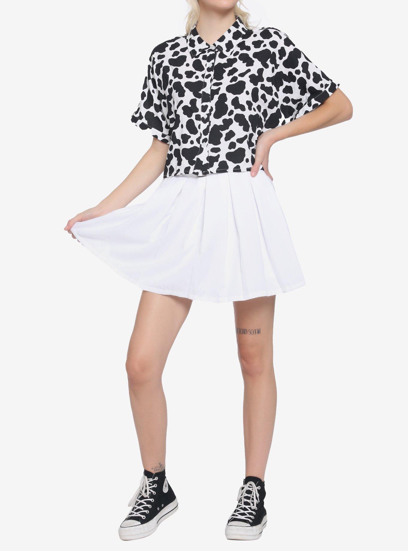 Cow Print Boxy Girls Crop Woven Button-Up, MULTI, alternate