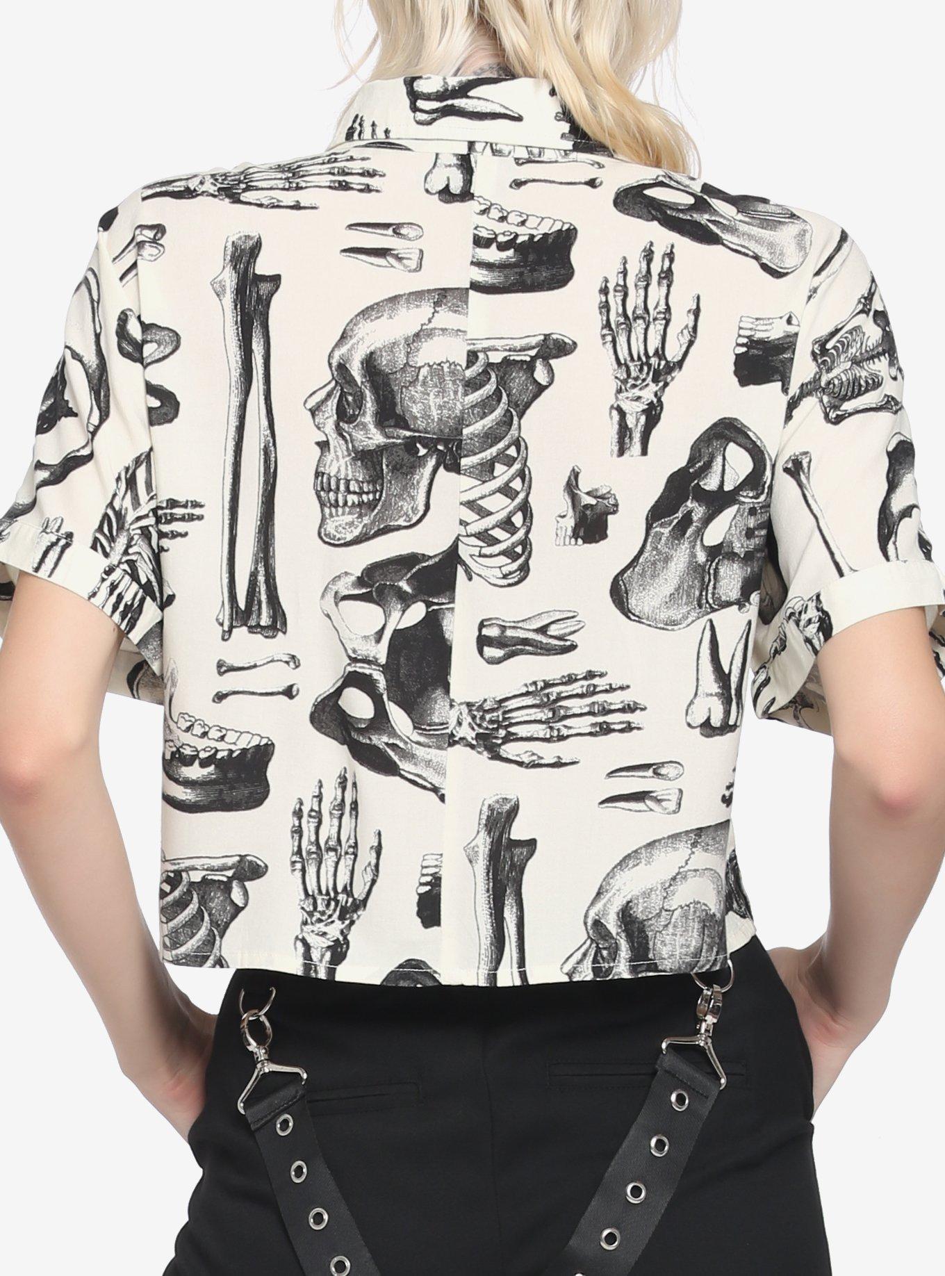 Anatomical Skeleton Sepia Boxy Girls Crop Woven Button-Up, MULTI, alternate