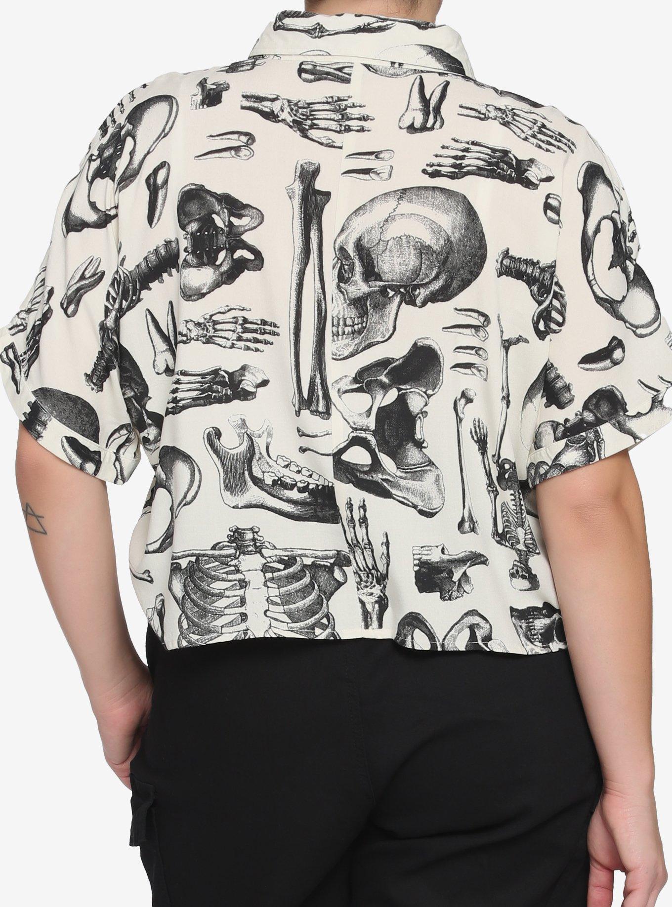Anatomical Skeleton Sepia Boxy Girls Crop Button-Up Plus Size, MULTI, alternate