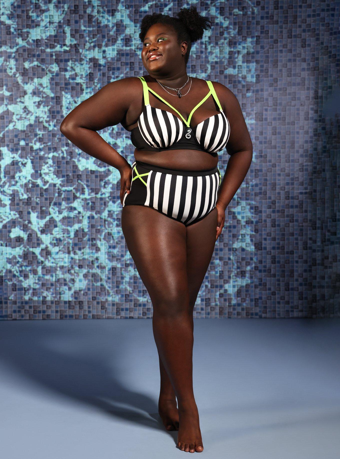 Beetlejuice Stripe High-Waisted Swim Bottoms Plus Size, MULTI, alternate