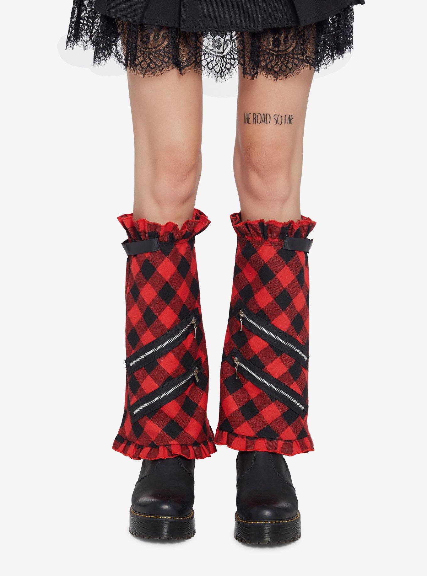 Zipper & Buckle Red Plaid Leg Warmers, , alternate