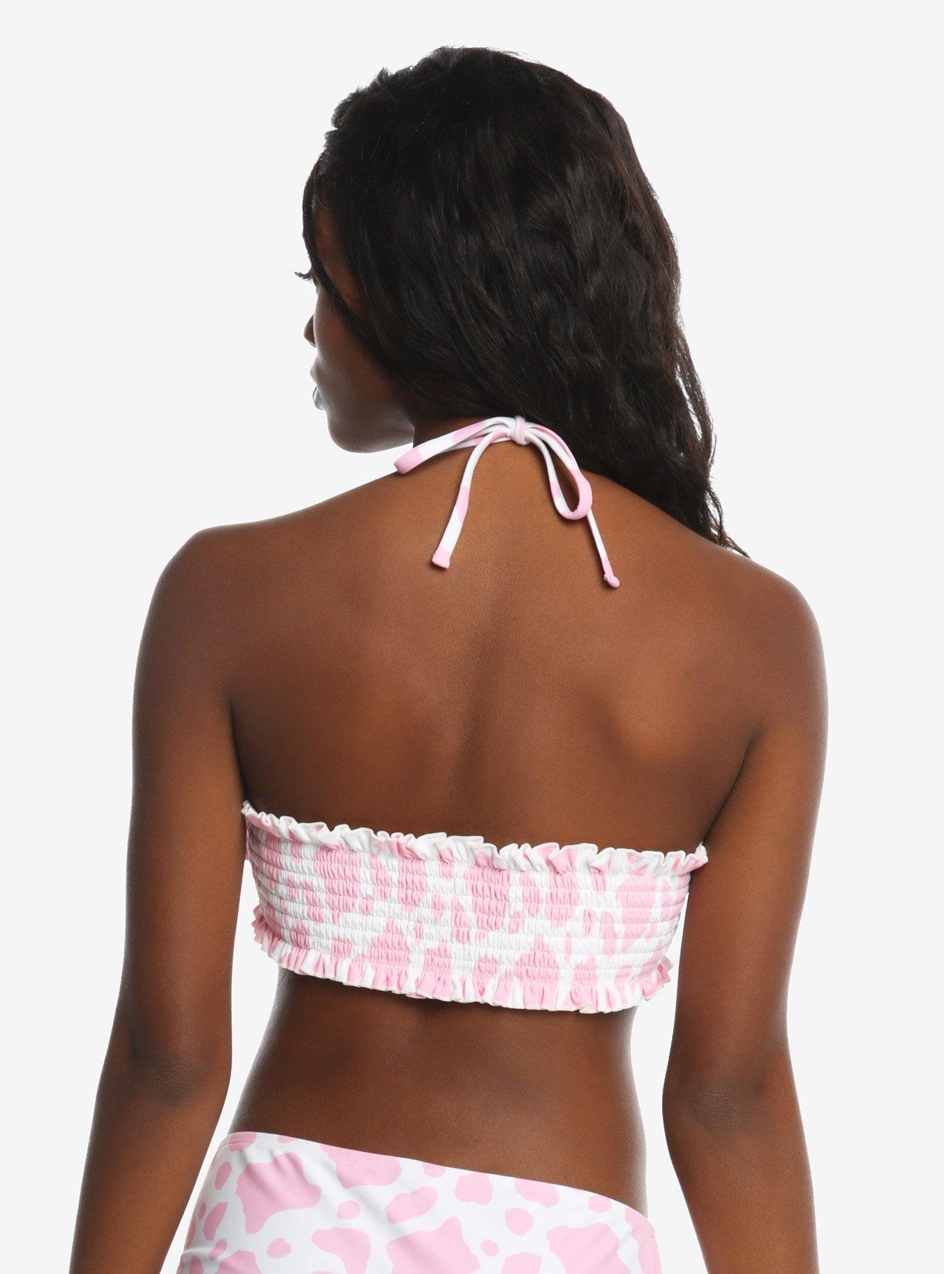 Pink Cow Print Smocked Bandeau Halter Swim Top, MULTI, alternate