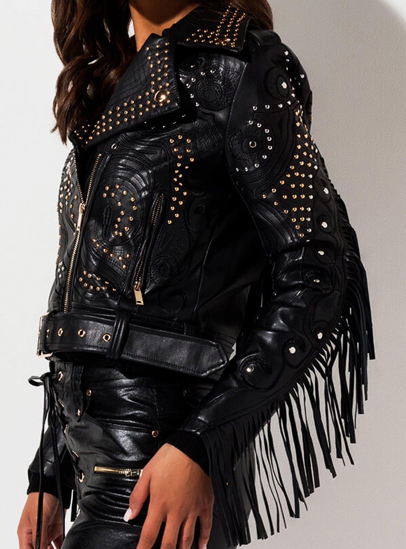 Azalea Wang Add A Little Spice Fringe Faux Leather Jacket, BLACK, alternate