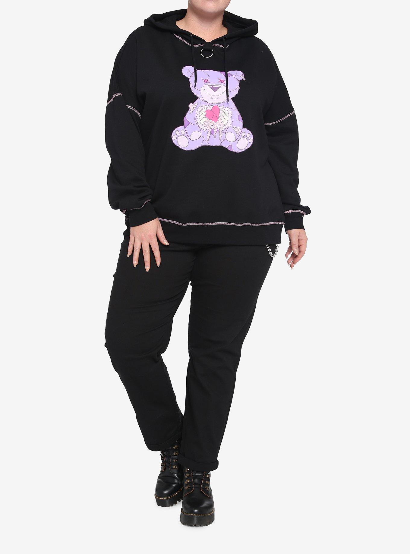 Pastel Ripped Teddy Bear O-Ring Girls Hoodie Plus Size, BLACK, alternate