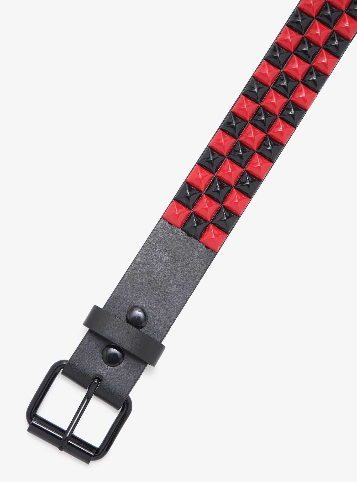 Black & Red Three Row Pyramid Stud Belt, , hi-res